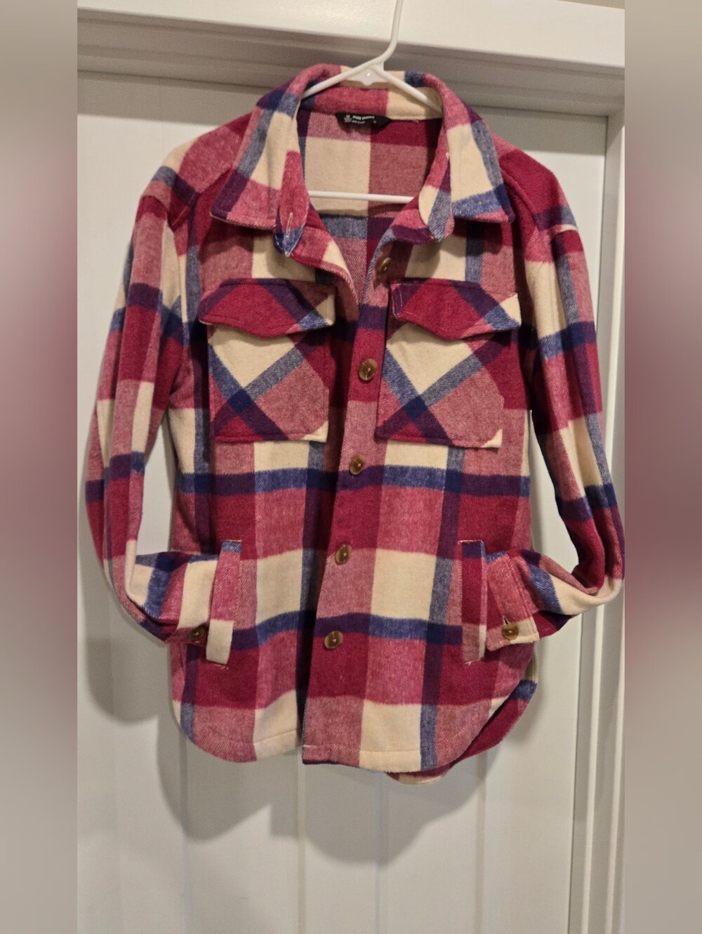 Women’s Plaid Button-Up Shacket in Pink and Cream